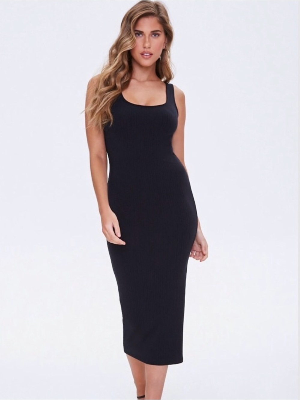 🖤Forever 21 Black Ribbed Square-Neck Midi Tank Dress